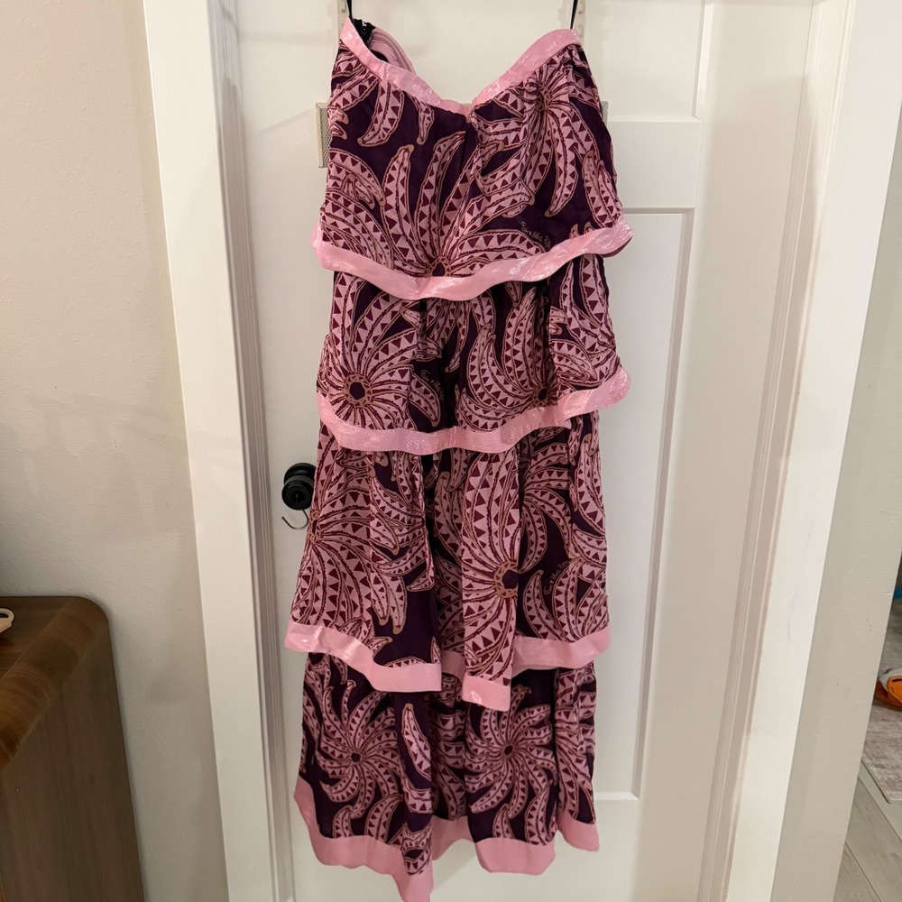 Farm Rio Burgundy Bananada Pink Print Strapless Tiered Maxi Dress Small Boho NWT - Picture 2 of 9